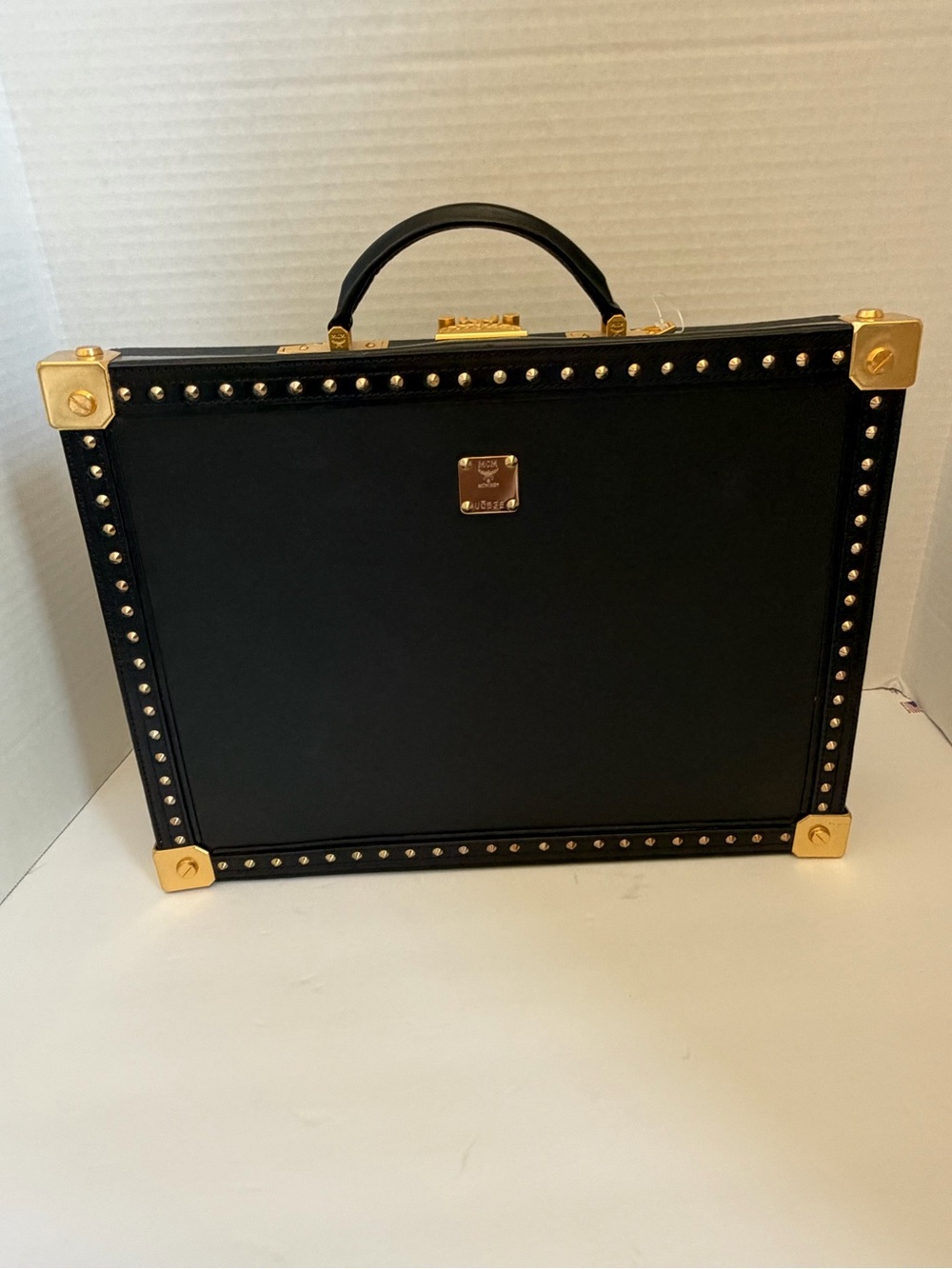 MCM Black Leather Studded Briefcase with Gold Hardware